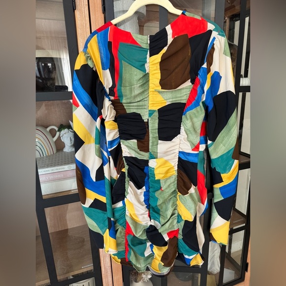 ZARA Abstract Colourful Ruched bodycon Mini Dress long sleeve Bloggers Fave 80s - Picture 10 of 12